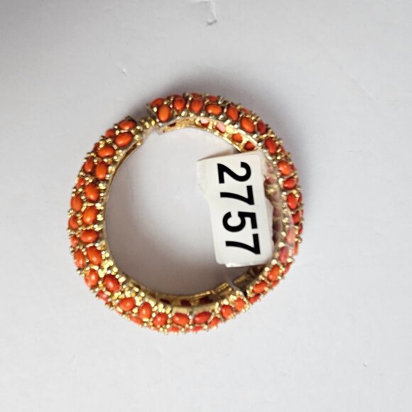 Kenneth Jay Lane Style Coral Red Orange Cabochon Hinged Heavy Bangle Bracelet - Picture 14 of 16